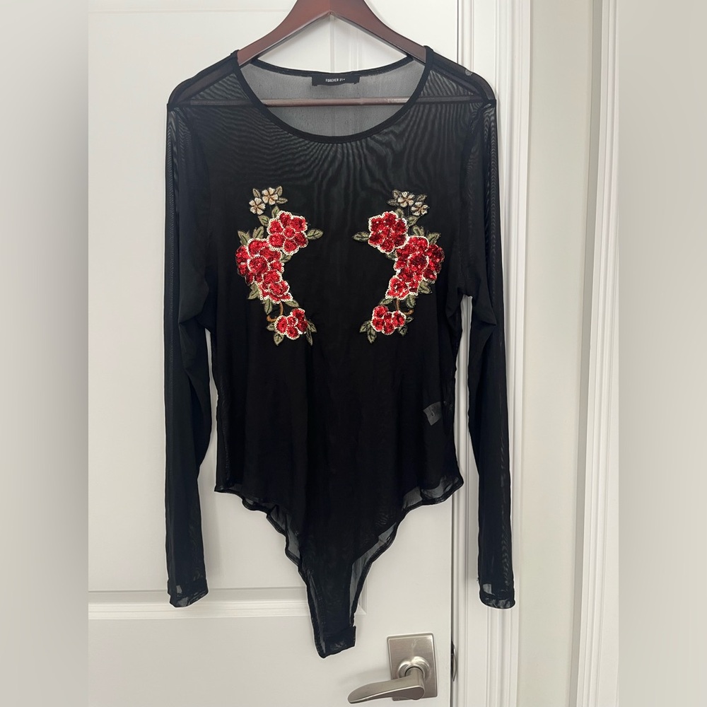 Forever 21 Snap On Black Mesh Bodysuit Sz. 3X gothic Embroidered Flowers